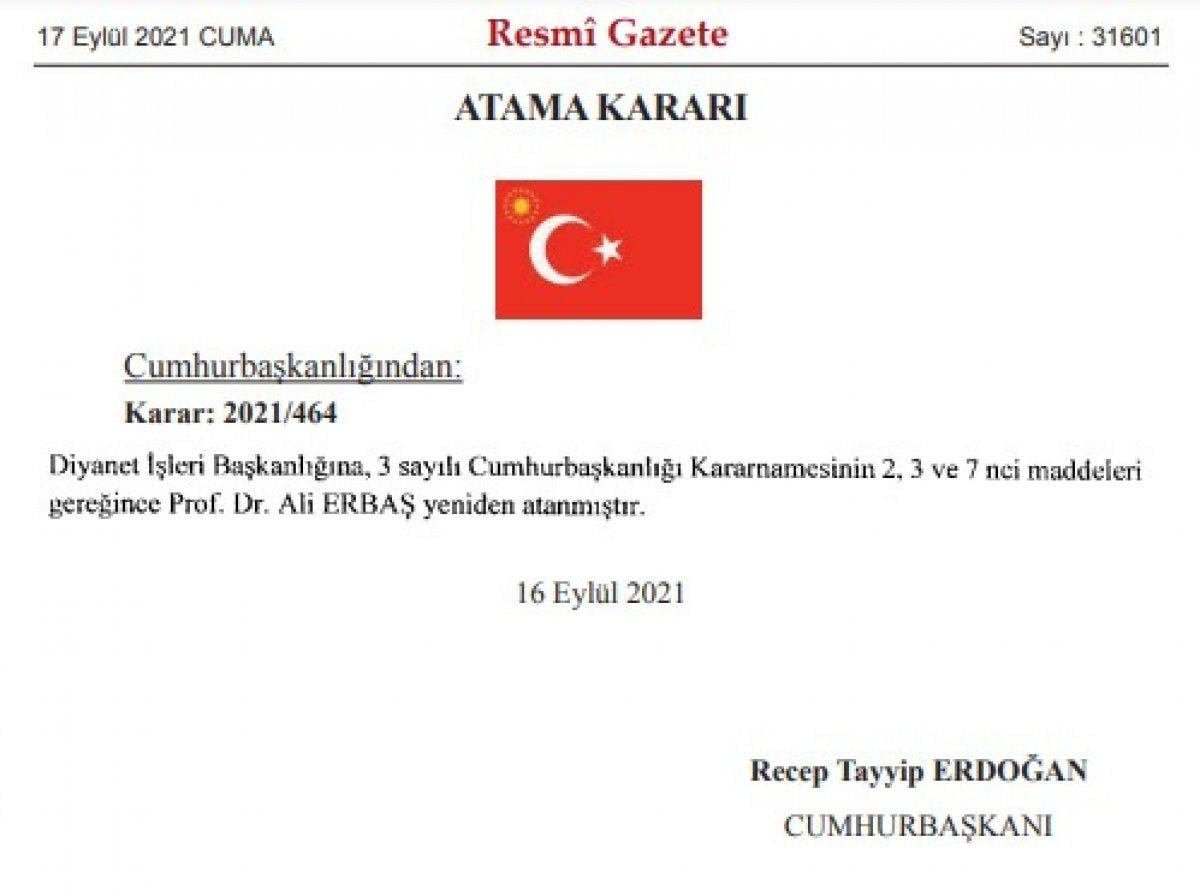 Diyanet İşleri Başkanlığı'na Prof. Dr. Ali Erbaş yeniden atandı