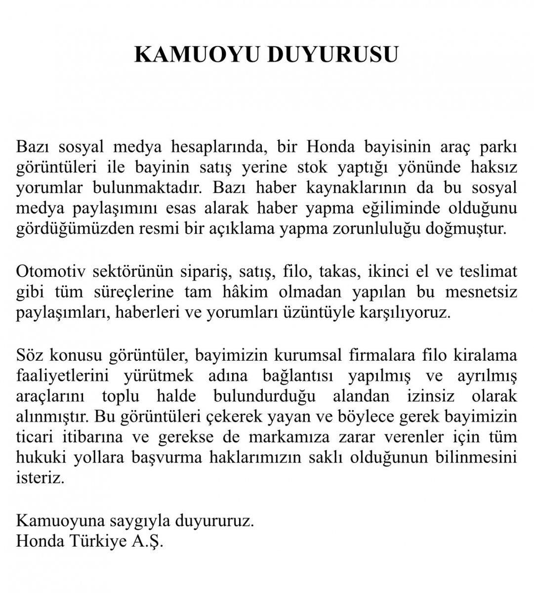 Sıfır otomobilleri stokladığı iddia edilen Honda Türkiye'den açıklama