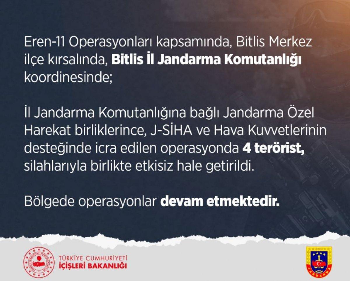 İçişleri Bakanlığı: Bitlis'te 4 terörist silahlarıyla etkisiz hale getirildi