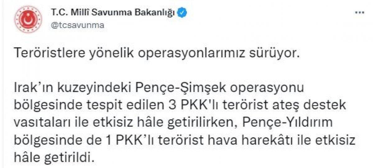 Irak'ın kuzeyinde 4 PKK'lı etkisiz hale getirildi