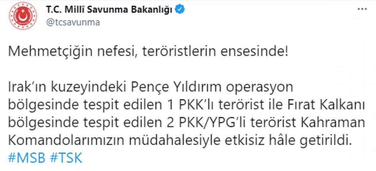 MSB: 3 PKK'lı terörist, etkisiz hale getirildi