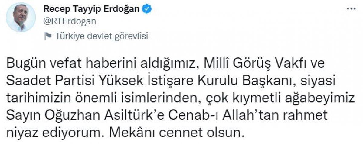 Cumhurbaşkanı Erdoğan'dan Oğuzhan Asiltürk için taziye mesajı