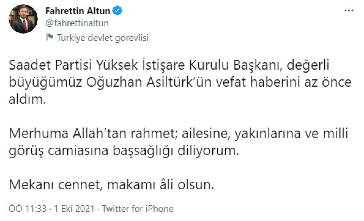 Fahrettin Altun: Milli Görüş camiasına başsağlığı diliyorum