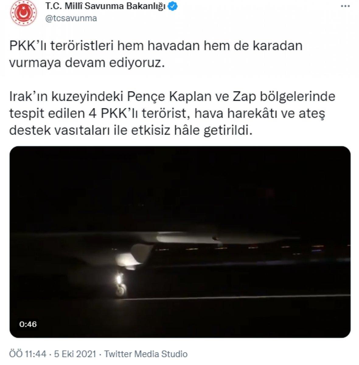 MSB: Irak'ın kuzeyinde 4 PKK’lı terörist etkisiz hale getirildi