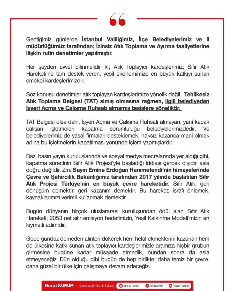 Murat Kurum: Denetimler atık toplayanlara değil tesislere yönelik