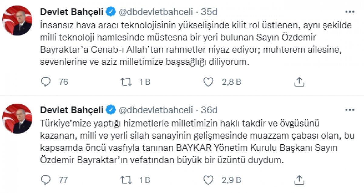 Devlet Bahçeli'den Özdemir Bayraktar için taziye mesajı
