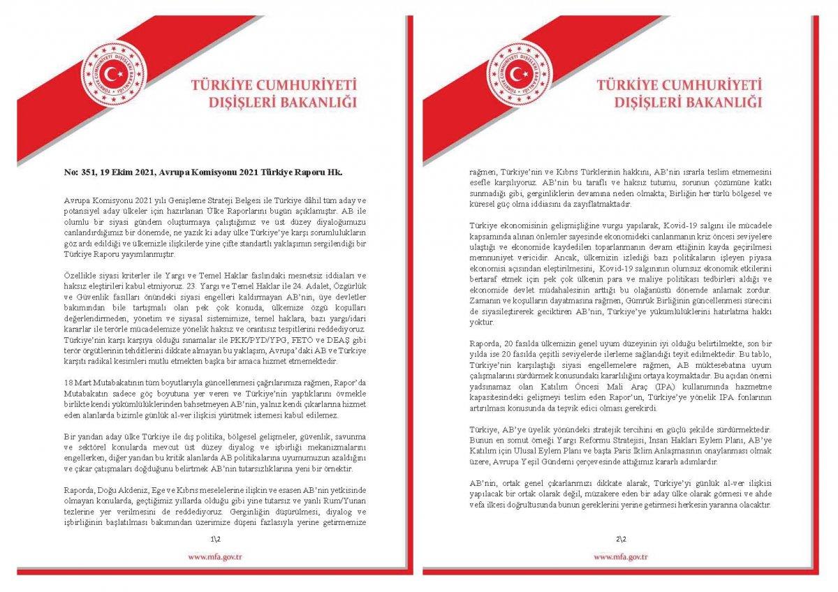 Dışişleri Bakanlığı'dan AB'nin Türkiye Raporu'na tepki