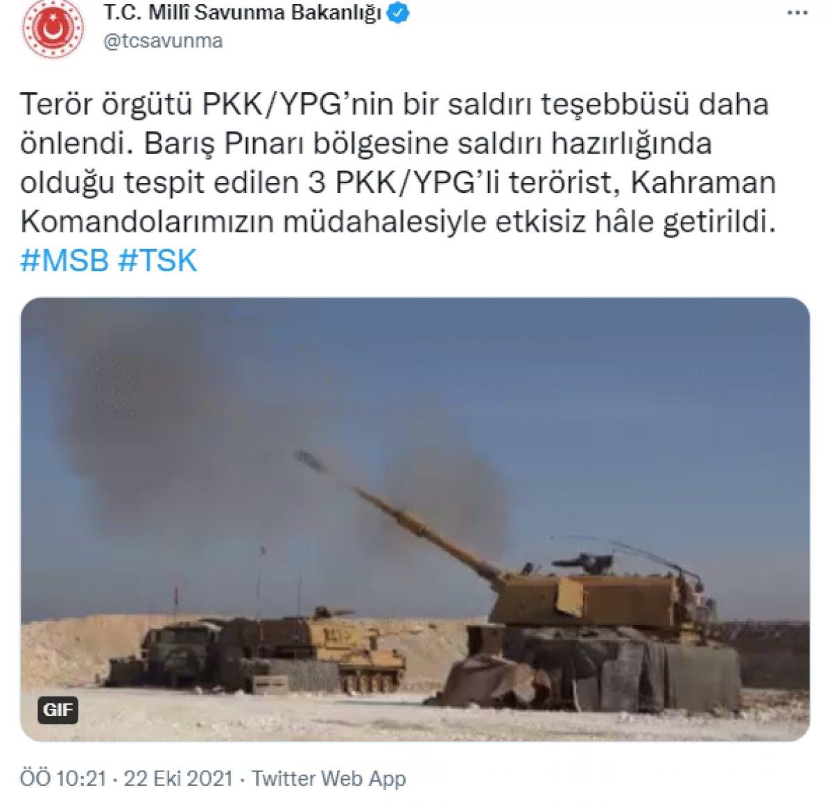 MSB: Barış Pınarı bölgesinde 3 PKK/YPG'li terörist etkisiz hale getirildi
