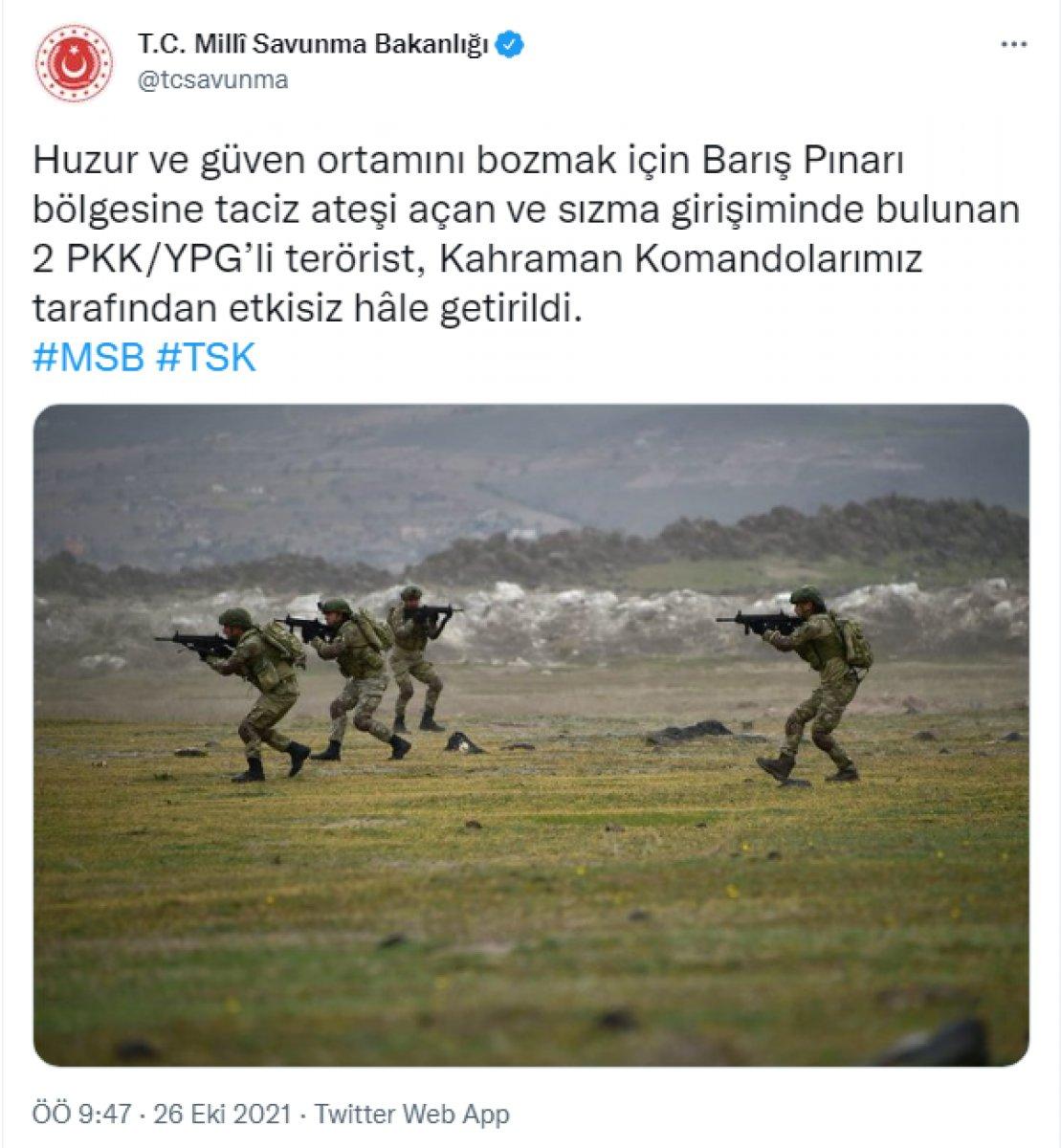 MSB: Barış Pınarı bölgesinde 2 terörist etkisiz hale getirildi