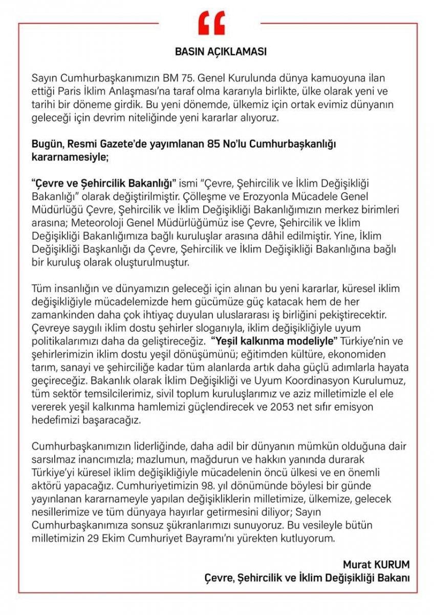 Murat Kurum’dan bakanlıktaki isim değişikliğine ilişkin açıklama