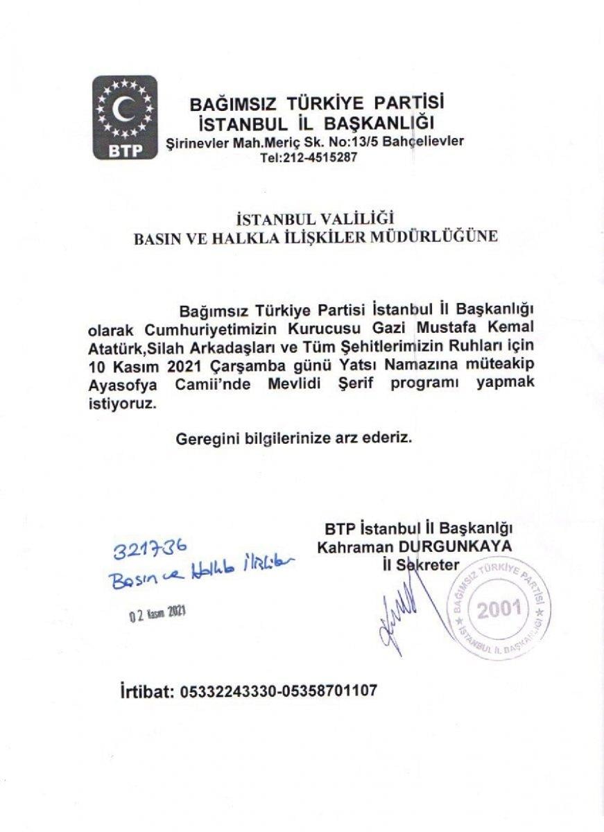 BTP, 10 Kasım'da Ayasofya'da Atatürk'ün ruhuna mevlid okutacak