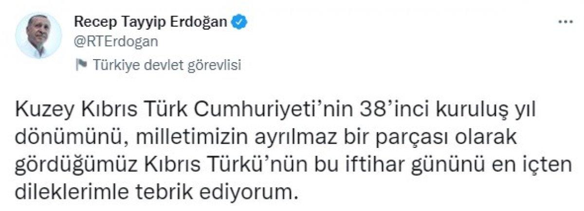 Cumhurbaşkanı Erdoğan'dan KKTC'nin kuruluş yıl dönümü mesajı