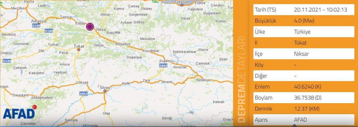 Tokat'ta 4 büyüklüğünde deprem meydana geldi