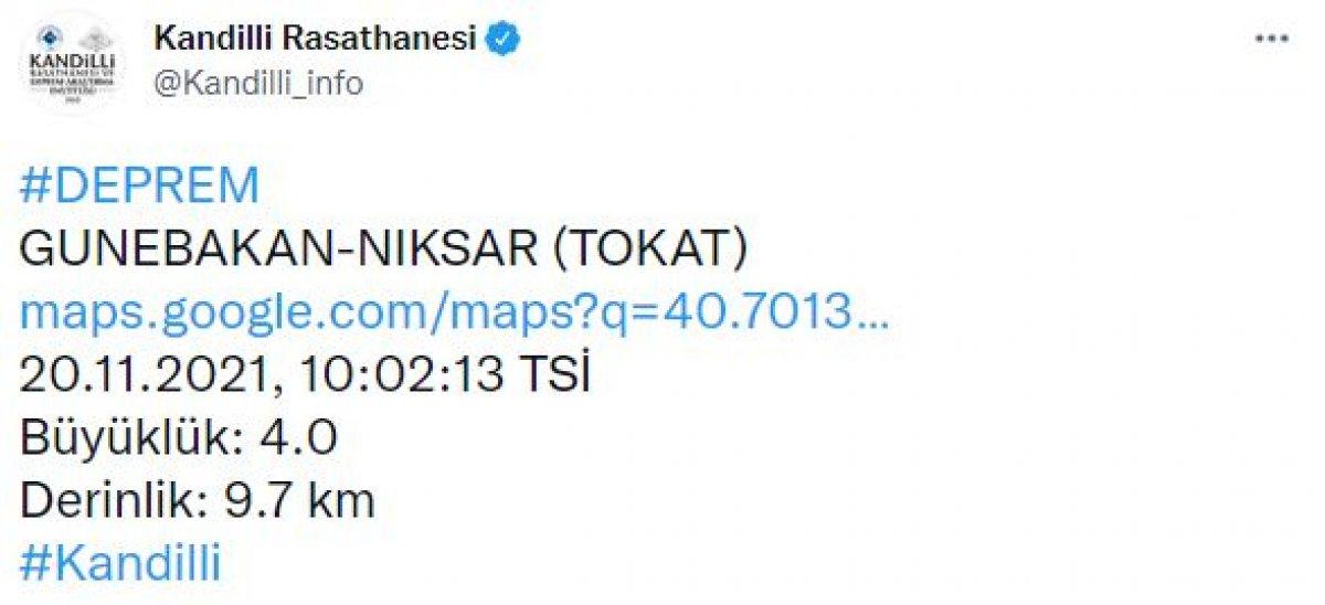 Tokat'ta 4 büyüklüğünde deprem meydana geldi