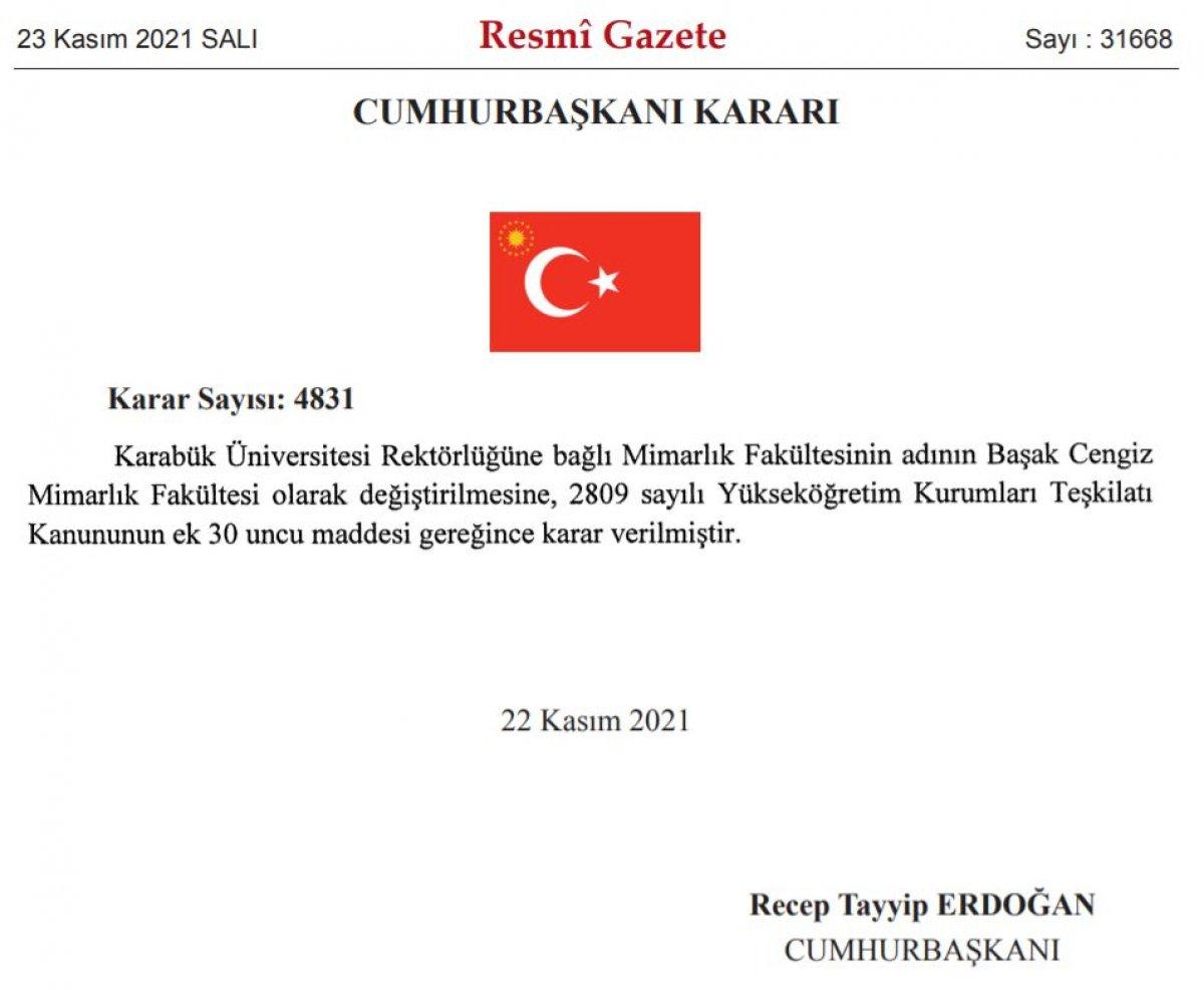 Başak Cengiz'in adı, Karabük Üniversitesi Mimarlık Fakültesi'ne verildi