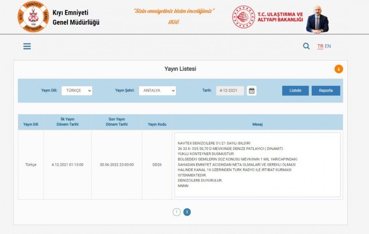 İskenderun Körfezi'nde, dinamit yüklü konteyner denize düştü