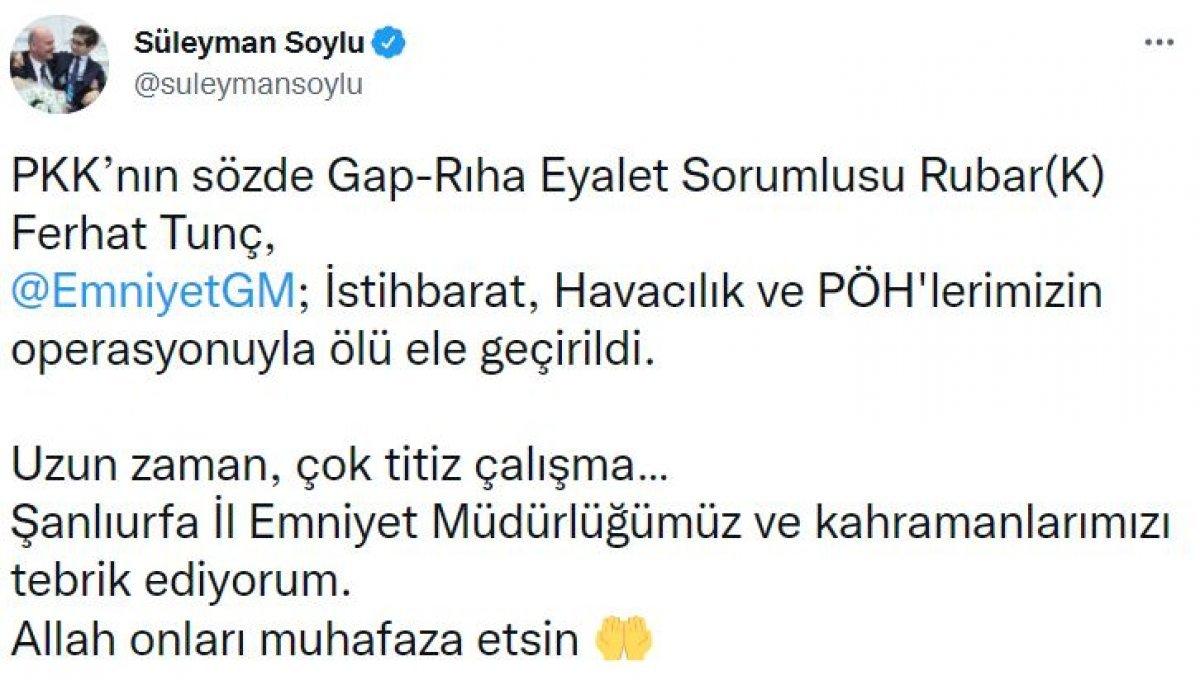 PKK'nın sözde Gap-Rıha sorumlusu Ferhat Tunç ölü ele geçirildi
