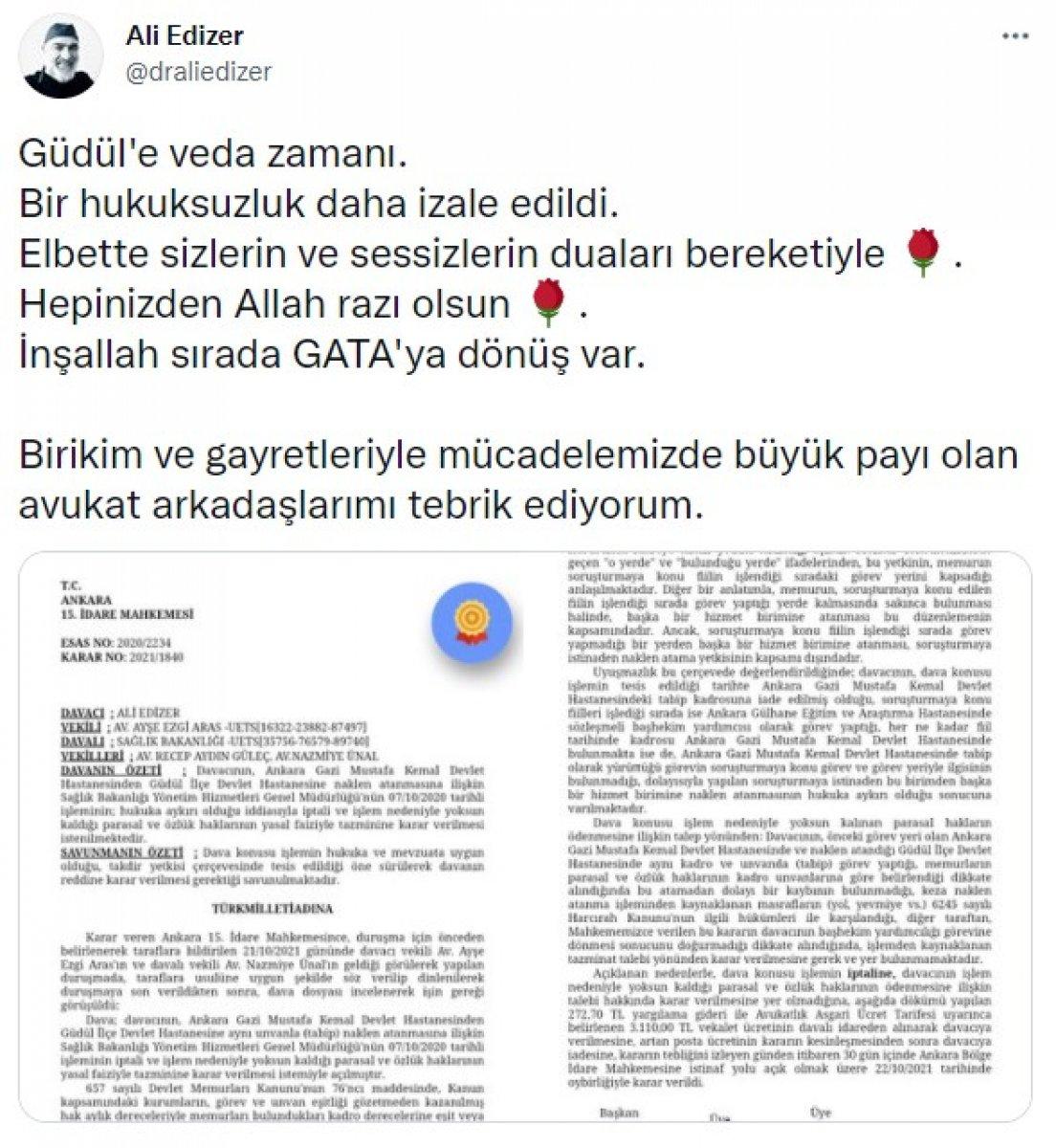 Dr. Ali Edizer, GATA'daki görevine dönüyor