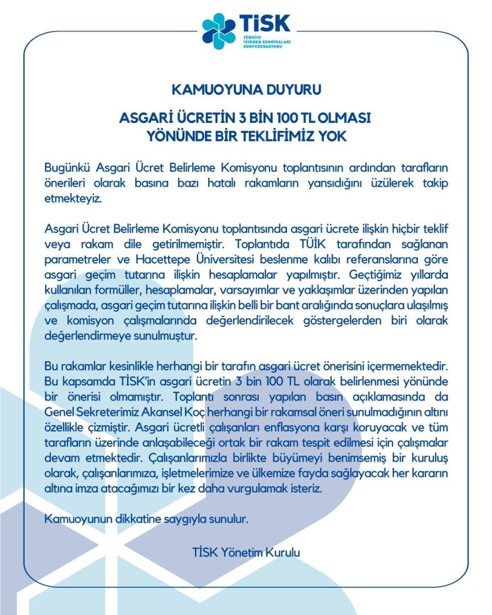 TİSK: Asgari ücretin 3 bin 100 TL olması yönünde bir teklifimiz yok