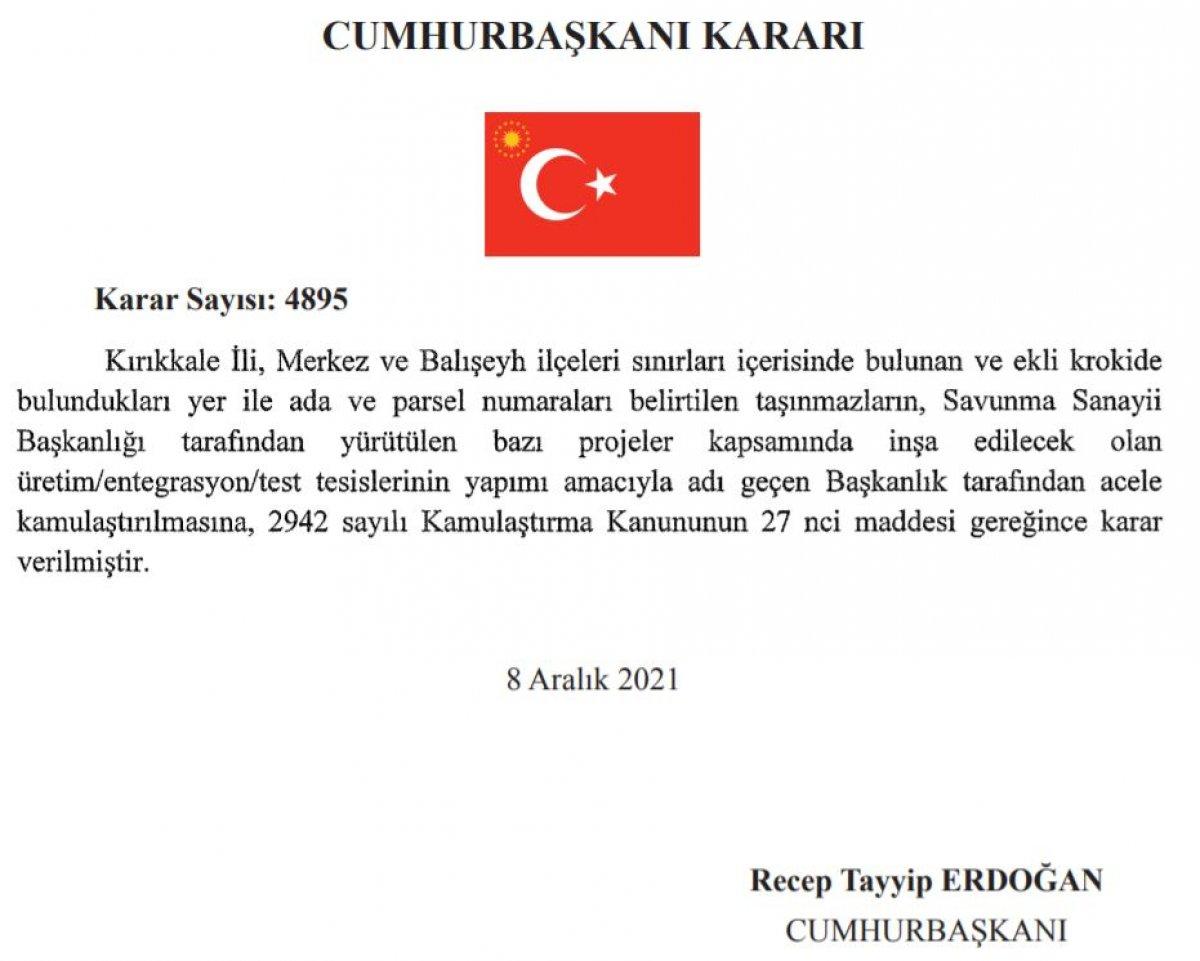 Kırıkkale'de savunma sanayii tesisleri için kamulaştırma kararı alındı