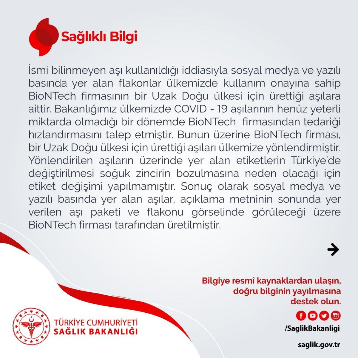 Sağlık Bakanlığı: Adı bilinmeyen aşı BioNTech'e ait