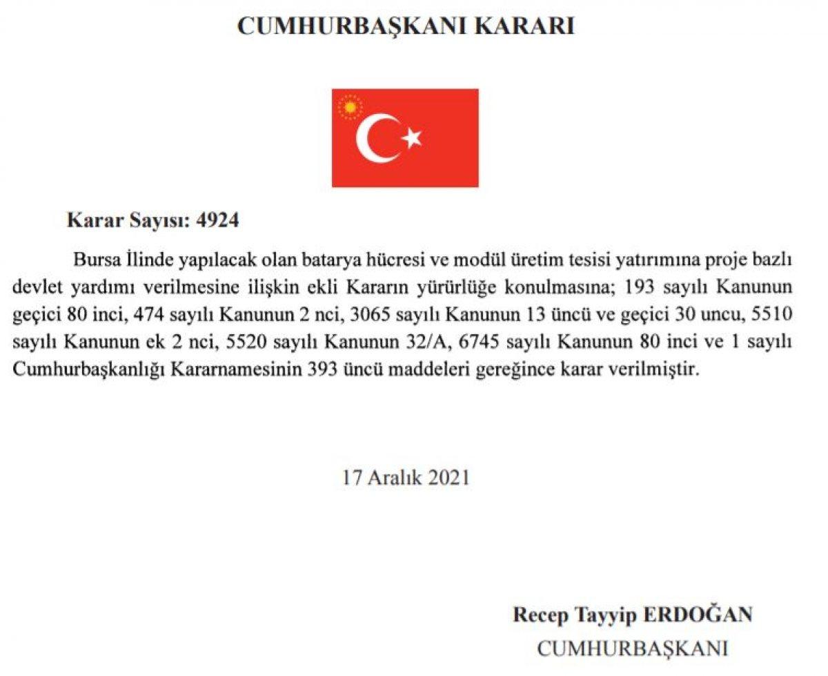 Bursa'da batarya üretim tesisi için teşvik verilecek