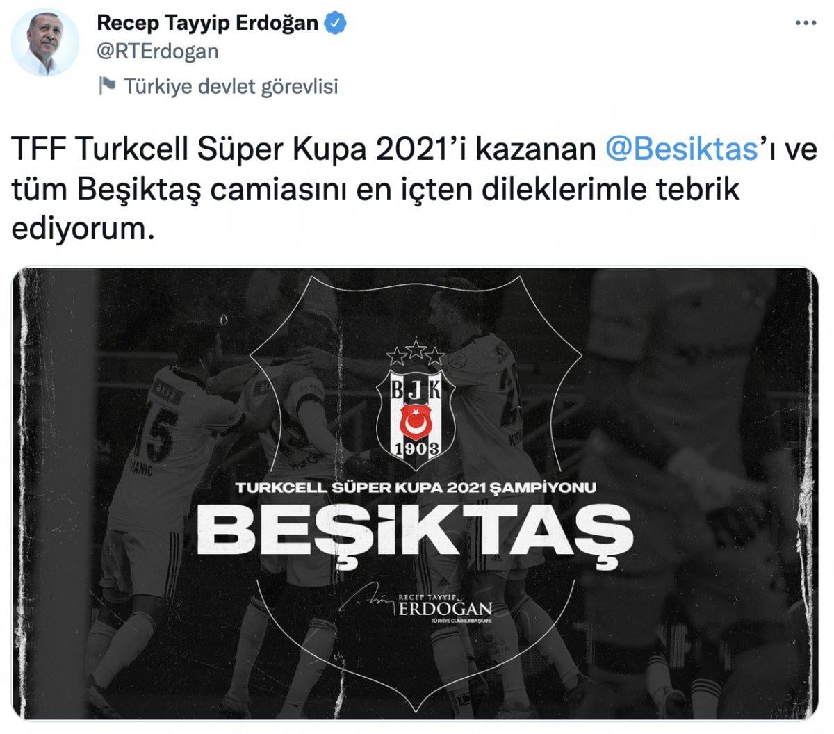 Cumhurbaşkanı Erdoğan'dan Beşiktaş'a kutlama