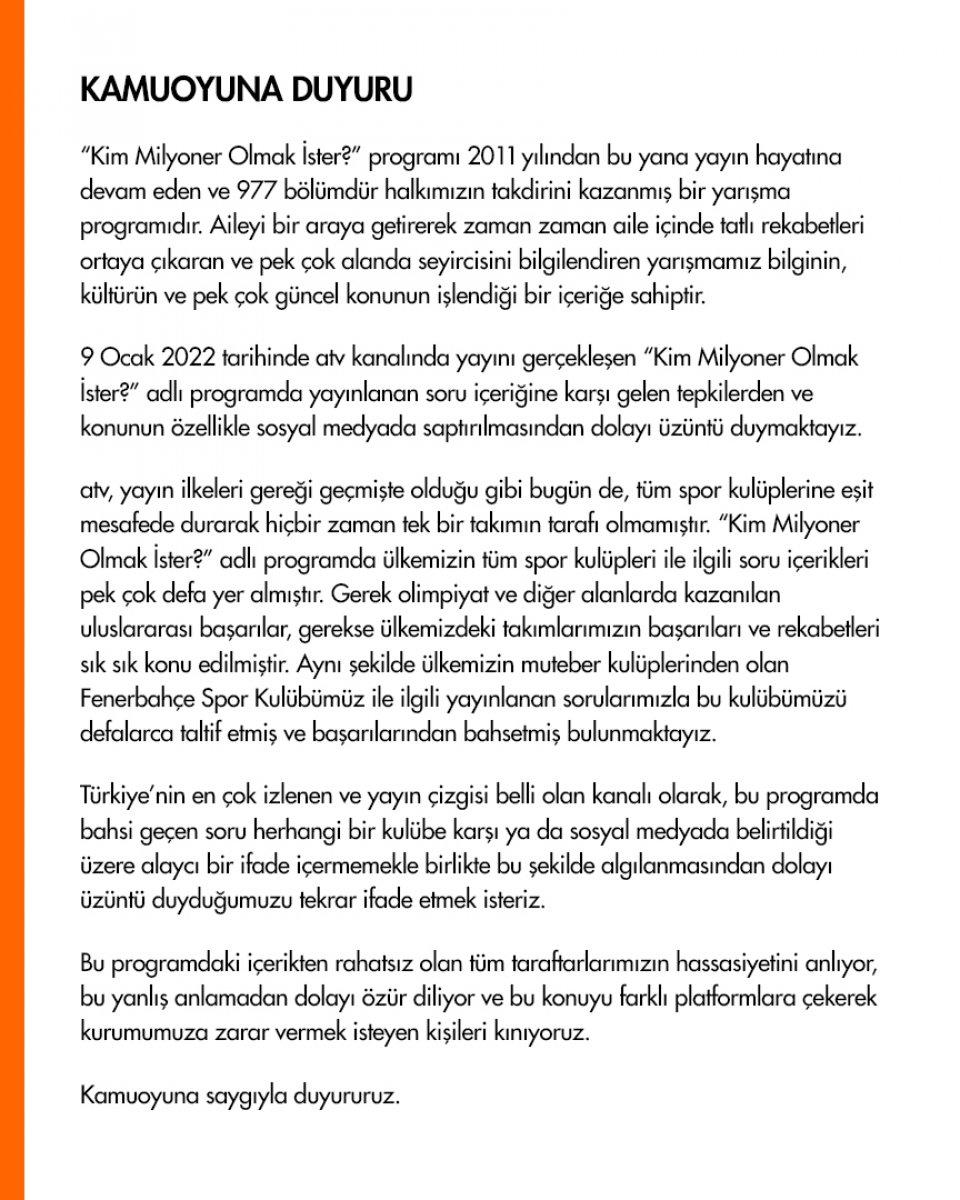 ATV'den Fenerbahçe'ye özür