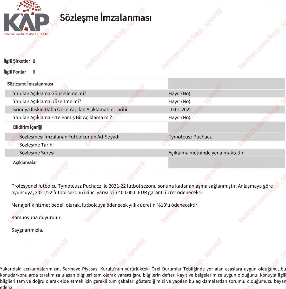 Trabzonspor, Puchacz’ı KAP'a bildirdi