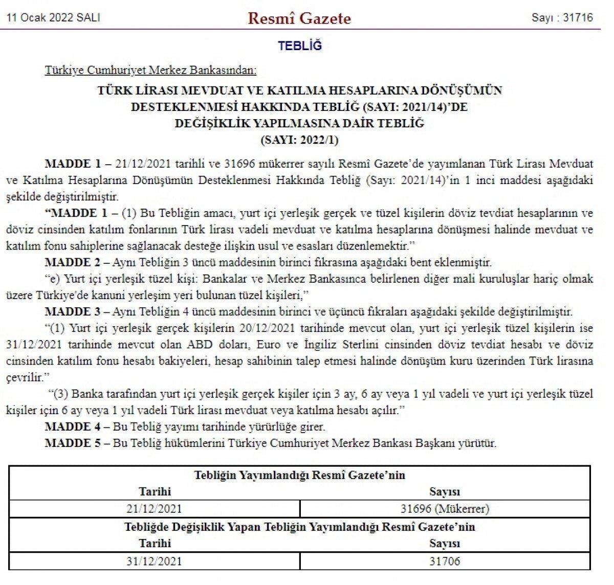 TL mevduata dönüşüm tebliğinde değişiklik