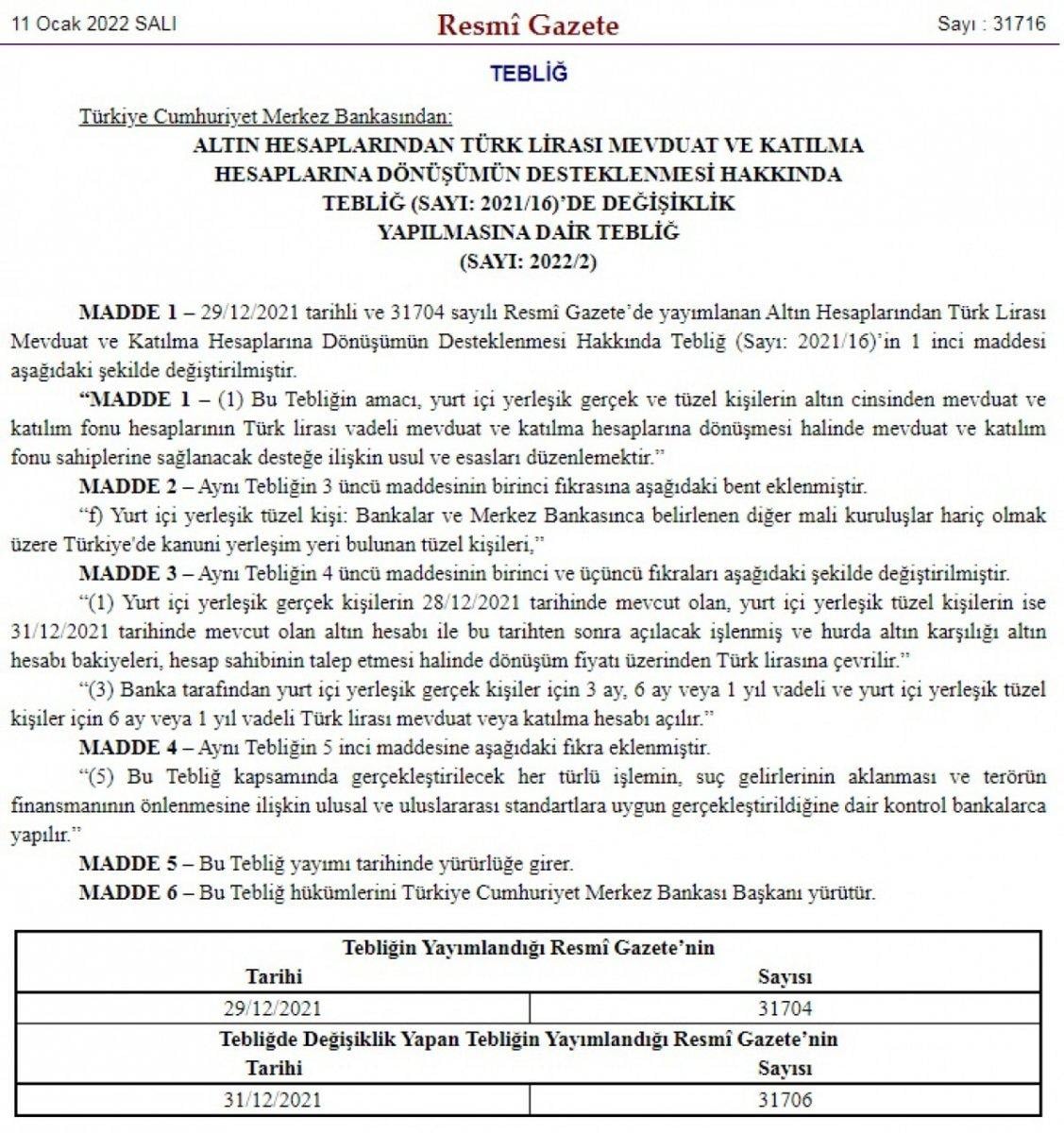 TL mevduata dönüşüm tebliğinde değişiklik