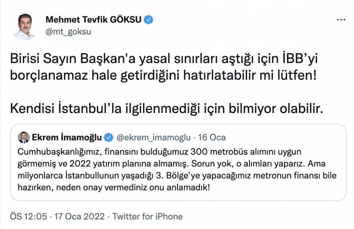 Tevfik Göksu'dan, 'Metrobüs aldırmadılar' diyen Ekrem İmamoğlu'na cevap