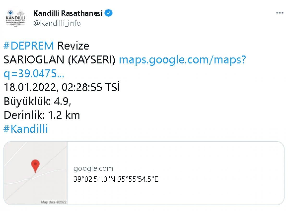 Kayseri'de 4.9 büyüklüğünde deprem