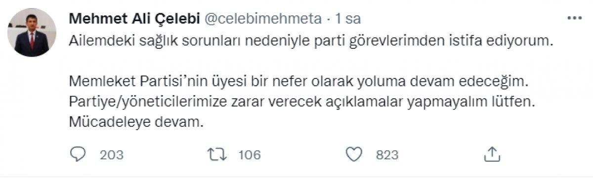 Mehmet Ali Çelebi: Parti görevlerimden istifa ediyorum