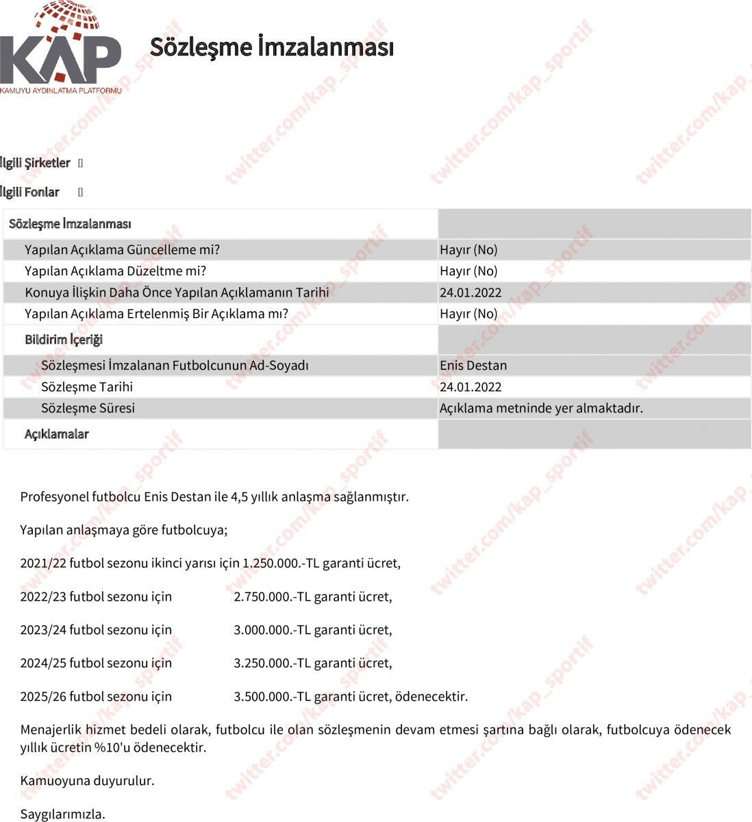 Trabzonspor, Enis Destan'ı KAP'a bildirdi