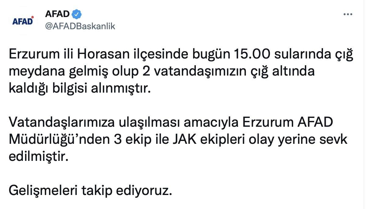 Erzurum'da çığ altında kalan 2 kişi hayatını kaybetti