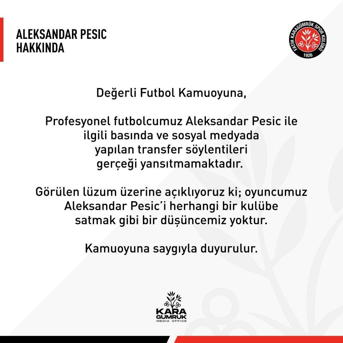 Fatih Karagümrük'ten Pesic açıklaması