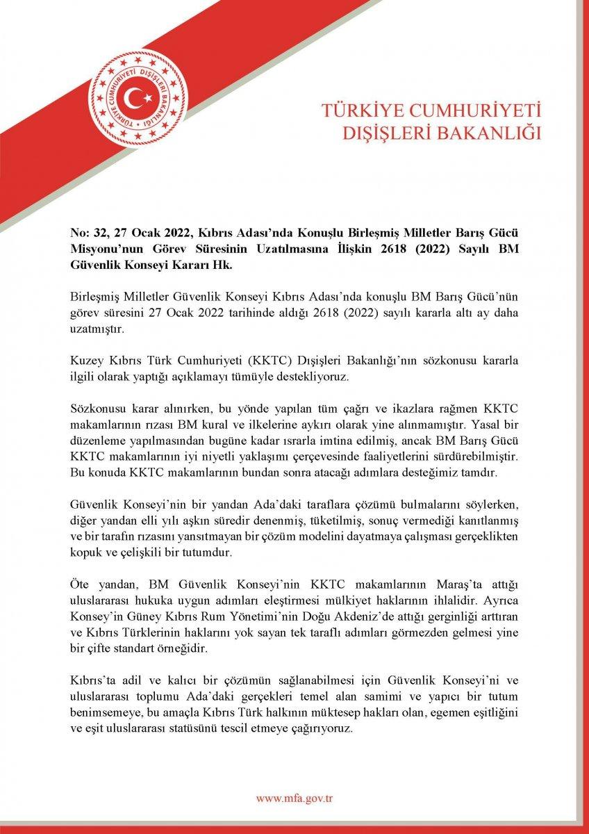 Dışişleri'nden Kıbrıs'taki Barış Gücü'nün görev süresinin uzatılmasına tepki