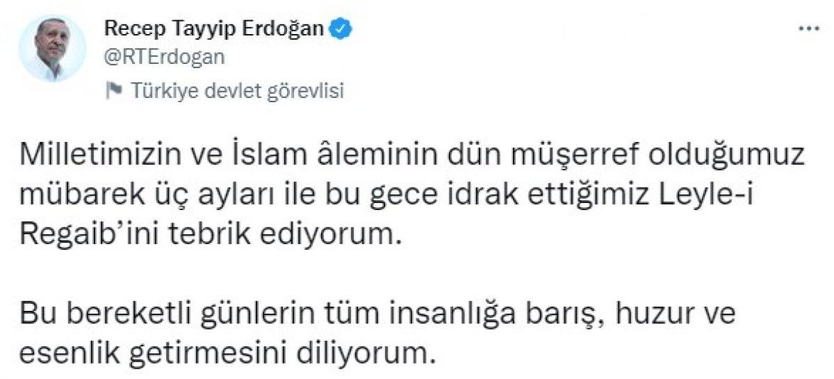 Cumhurbaşkanı Erdoğan'dan Regaib Kandili mesajı