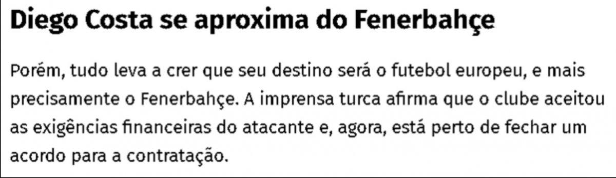 Fenerbahçe, Diego Costa'nın isteklerini kabul etti