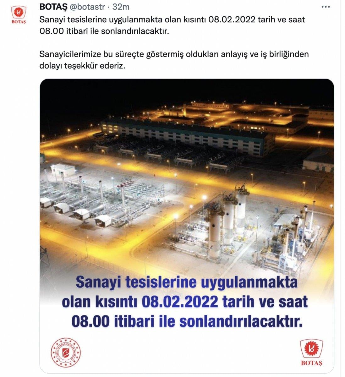 Sanayi tesislerindeki doğalgaz kısıntısı bitiyor
