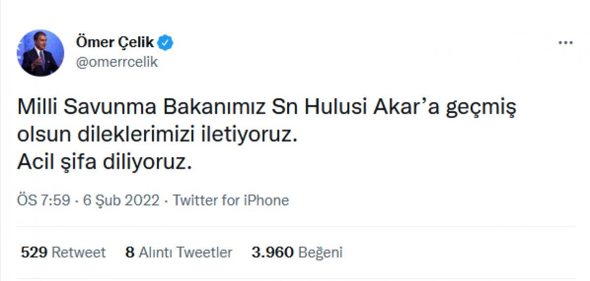 Milli Savunma Bakanı Akar'a gelen geçmiş olsun mesajları