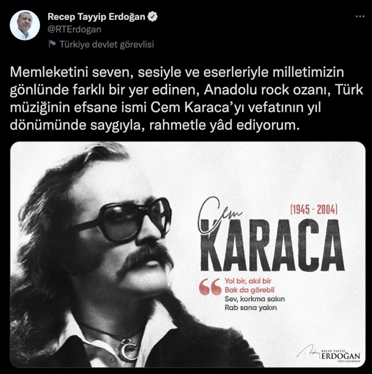 Cumhurbaşkanı Erdoğan, Cem Karaca'yı ölüm yıl dönümünde andı