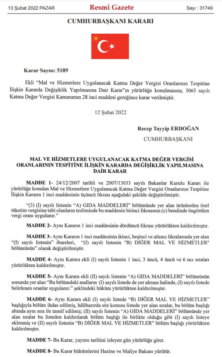 Gıda ürünlerinde KDV indirimi kararı Resmi Gazete'de