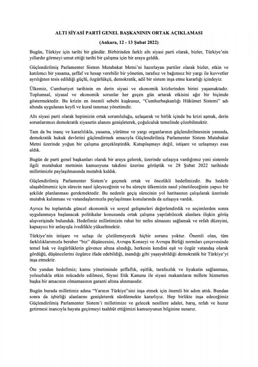 6 muhalefet liderinin ortak açıklaması