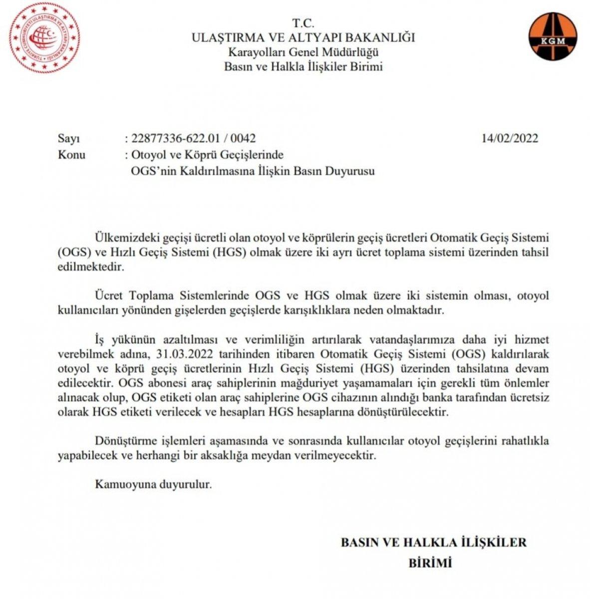 Otoyol ve köprü geçişlerinde OGS kaldırıldı