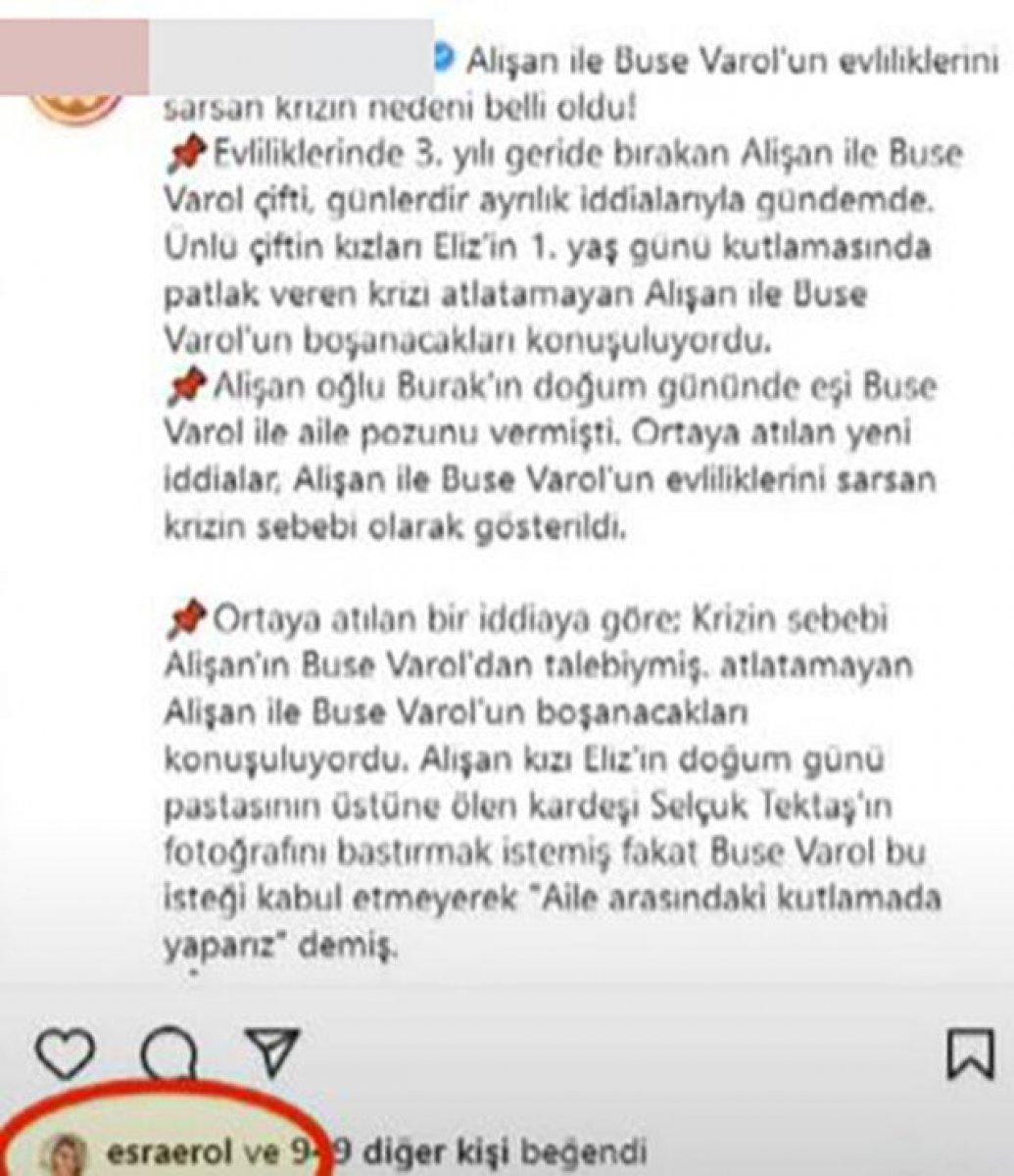 Esra Erol, Alişan'ın eşi Buse Varol'dan ayrıldığı haberini beğendi