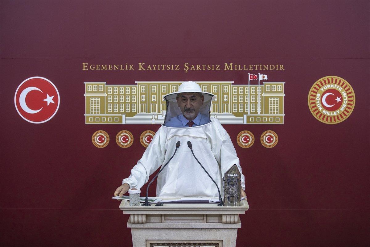 CHP'li Mustafa Adıgüzel TBMM'de arıcı kıyafetiyle konuştu