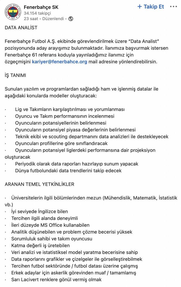 Fenerbahçe kariyer sitesine iş ilanı verdi