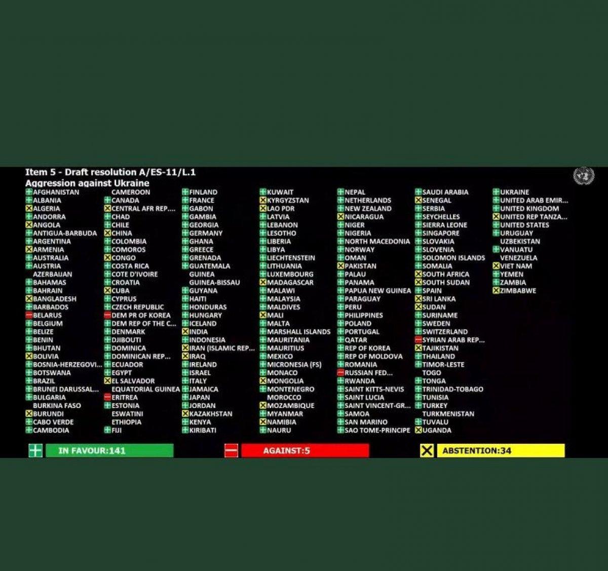 BM Genel Kurulu'nda Rusya'yı kınayan tasarı kabul edildi